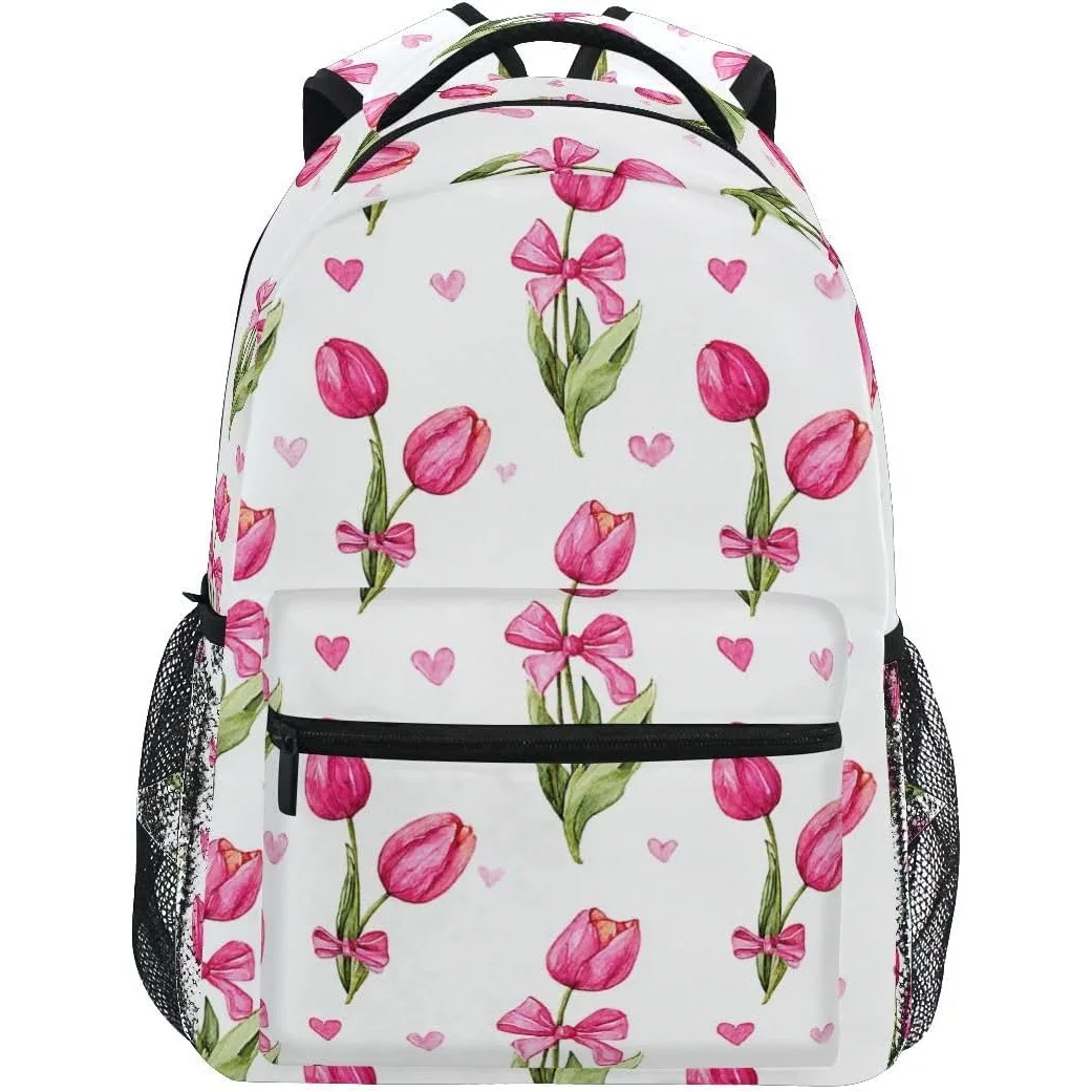 

Pink Tulip Floral Print Backpack Watercolor Flower Heart Pattern School Bag Casual Daypack For Girls Students Travel Daily Use