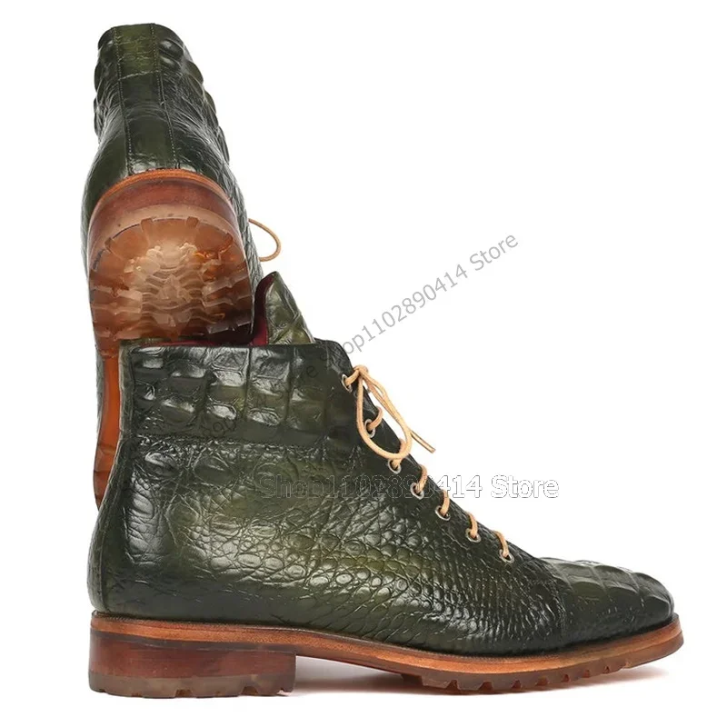 

Green Crocodile Fretwork Strappy Ankle Boots Fashion Lace up Men Shoes Luxurious Handmade Party Feast Banquet Men Dress Shoes