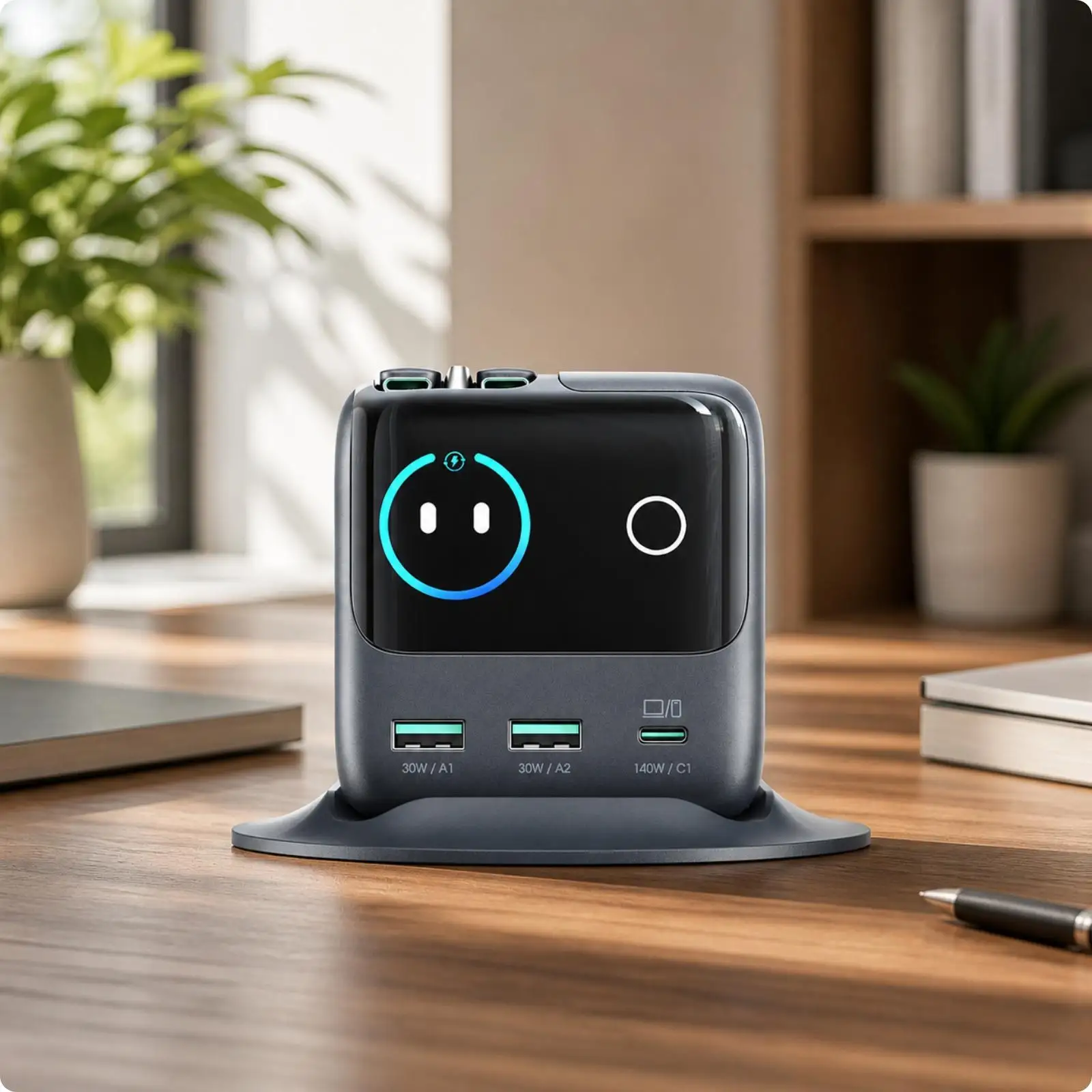 Compact Desktop Charger Station Gan 140W Fast Charging Unit with USB C Hub and Retractable Cable for Samsung Laptop and Phone