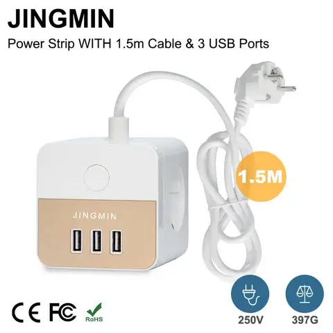 가정용 스위치가 있는 멀티 전기 소켓 전원 어댑터, AC 콘센트 3 개, USB 포트 3 개, 1.5M 익스텐션 케이블, 2500W 멀티탭