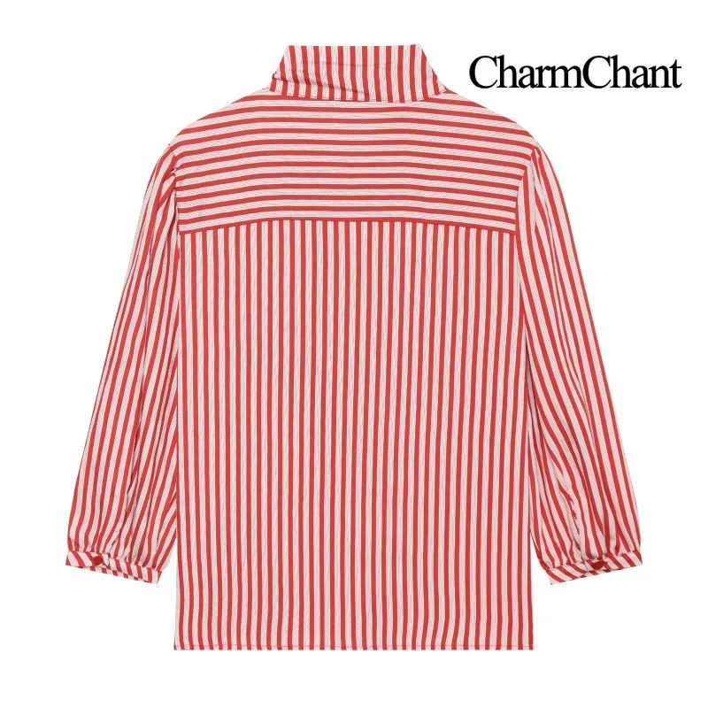 CHARMCHANT Women's Bow Collar Shirt Blouse Vertical Stripe Print Ruffled Trim Puff Long Sleeve Button Down Top Daily Fall 2026
