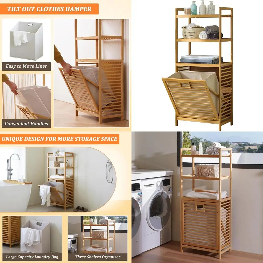 

3-Tier Bamboo Laundry Hamper with Out Basket, Large Storage Organizer for Bathroom & Laundry Room