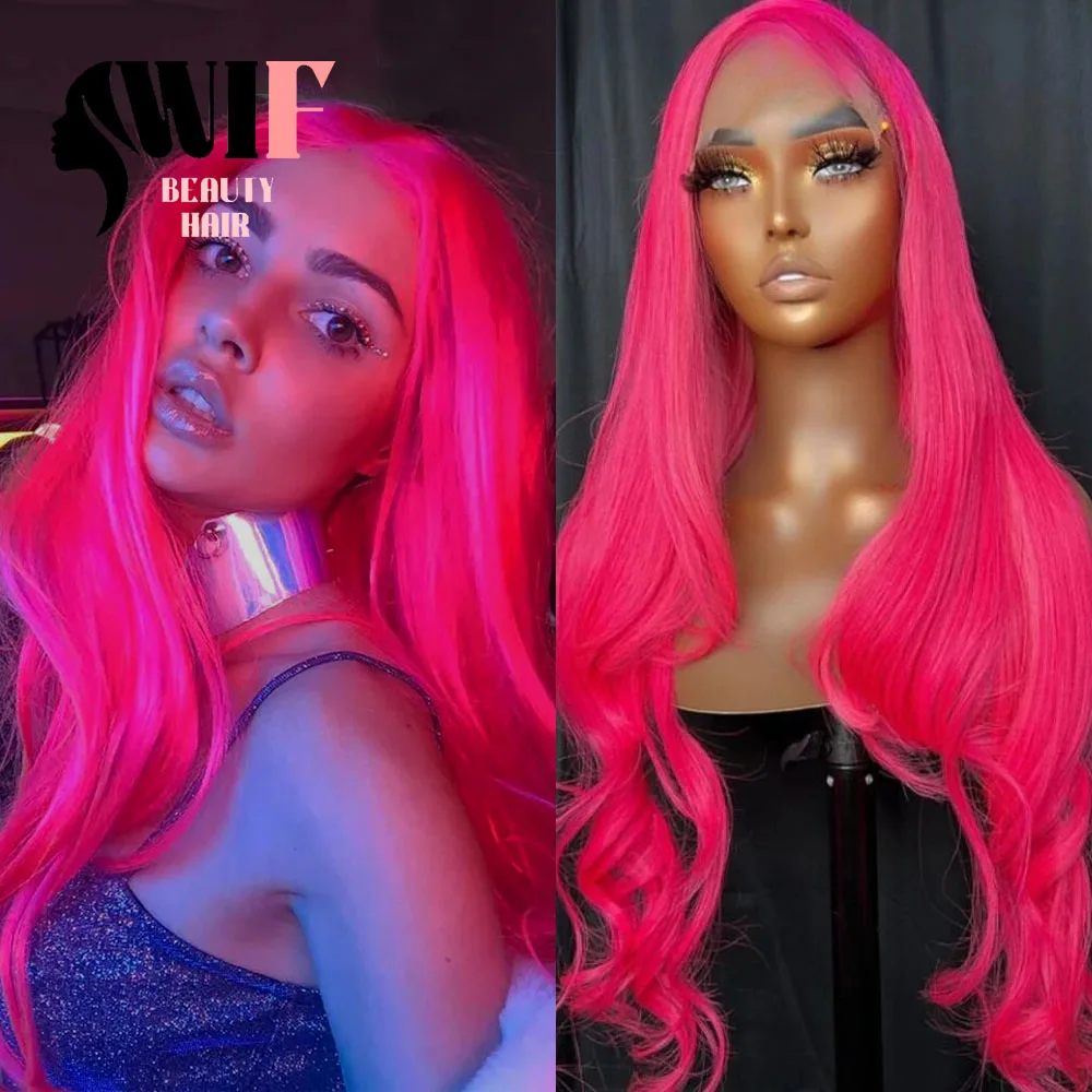 WIF Body Wave Hot Pink Long Hair Synthetic Wig Natural Hairline Loose Wavy Lace Front Wigs Women Cosplay Daily Use