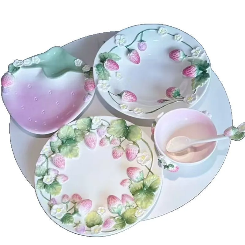 

Strawberry series relief ceramic tableware rice bowl soup plate dumpling plate salad bowl