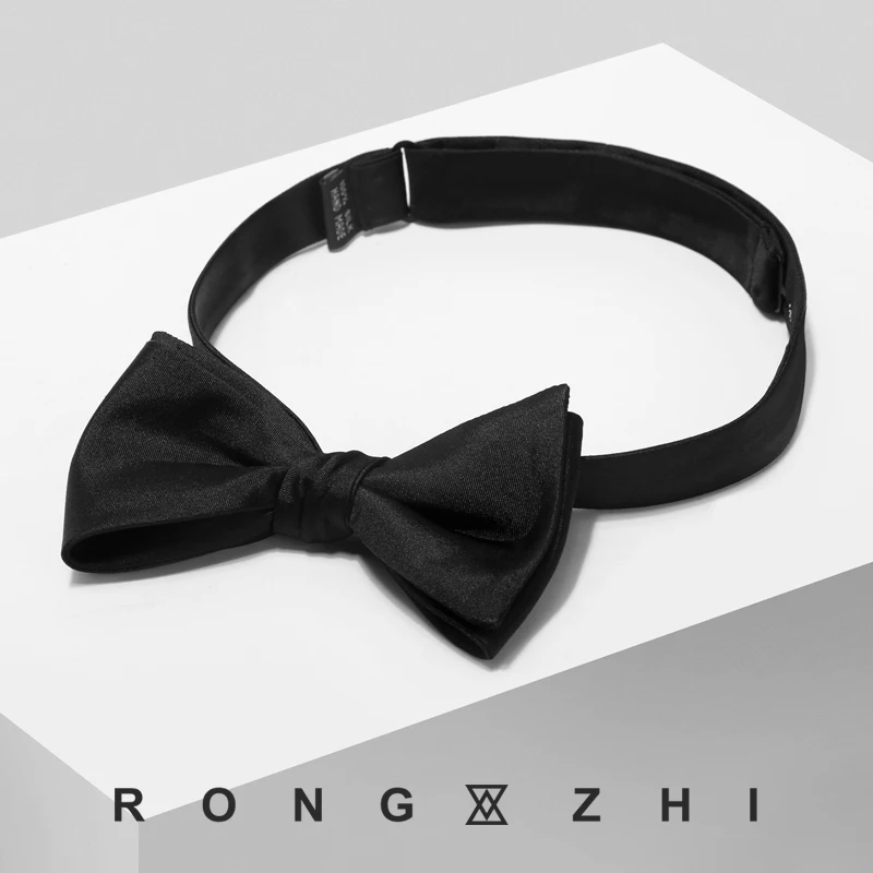 rongzhi-black-silk-hand-tied-bow-tie-for-men-formal-business-groom-wedding-korean-style-bow-tie-gourd-shaped-bow-tie