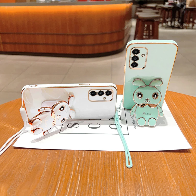 Cute Cartoon Rabbit Fold Stand For Samsung Galaxy A14 5G Phone Case With Lanyard Luxury Plating Cover image 3