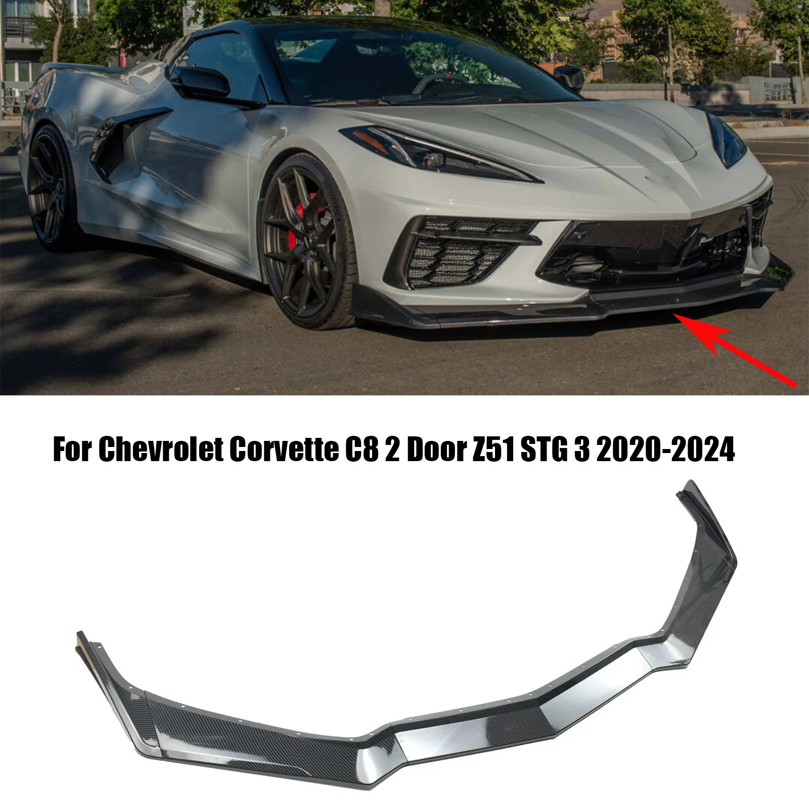 Chevrolet Corvette C8 2 도어 Z51 Stingray STG 3 2020-2024 광택 블랙 카본 룩 용 자동차 앞 범퍼 립 스포일러 스플리터