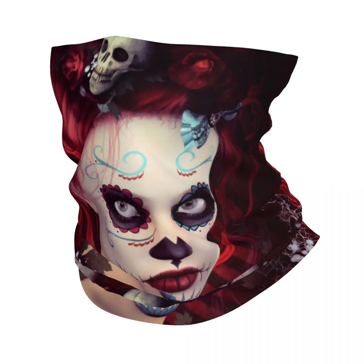 Sugar Doll Red Dia De Muertos Bandana Neck Gaiter Windproof Face Scarf Cover Women Mexican Gothic Skull Headwear Tube Balaclava