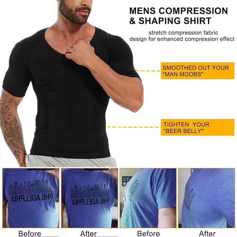 Men's Body Shaper Slimming Shirt Tummy Control Vest Compression Base Layer Slim Muscle Short Sleeve Shapewear