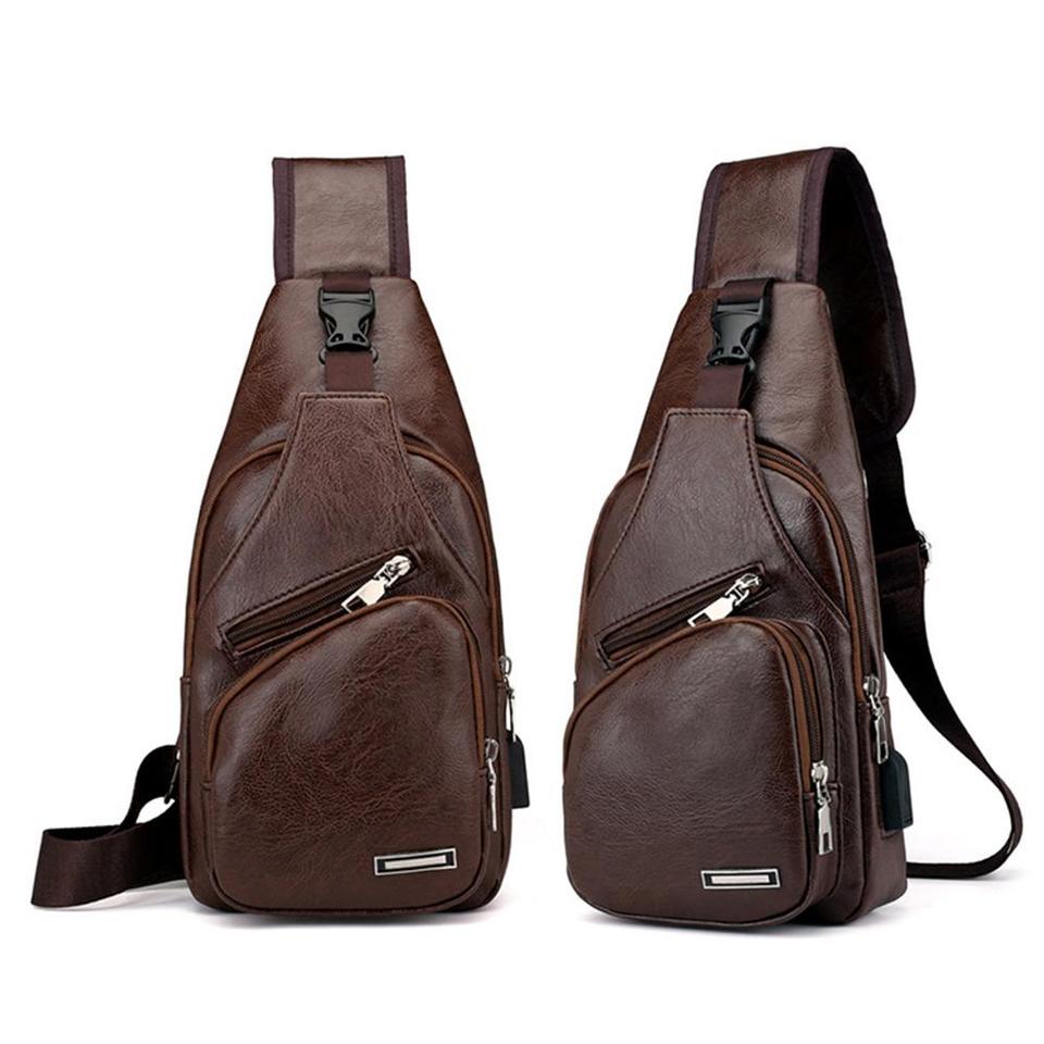  PU Leather Chest Bag Fashion Leisure Crossbody Shoulder Bag With USB Charging Port Anti-Theft Messenger Sling Pack Travel Bag 
