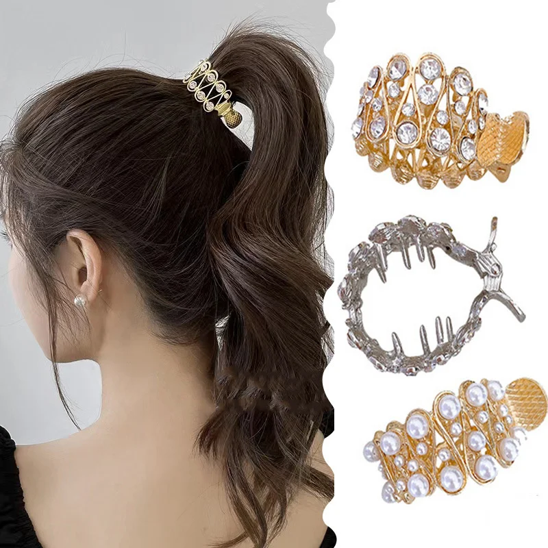 

Korean Temperament Rhinestone Pearl Hair Claw Girl High Ponytail Clip Fixed Hairpin Claw Clip Fashion Ponytail Hair Accessories