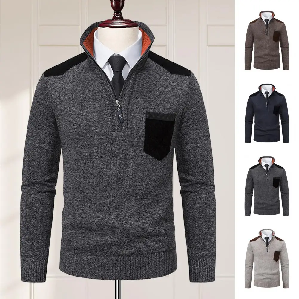 Men Sweater with Pockets Men's Zippered Stand Collar Sweater with Chest Pocket Slim Fit Knitted Pullover for Fall Winter Warm