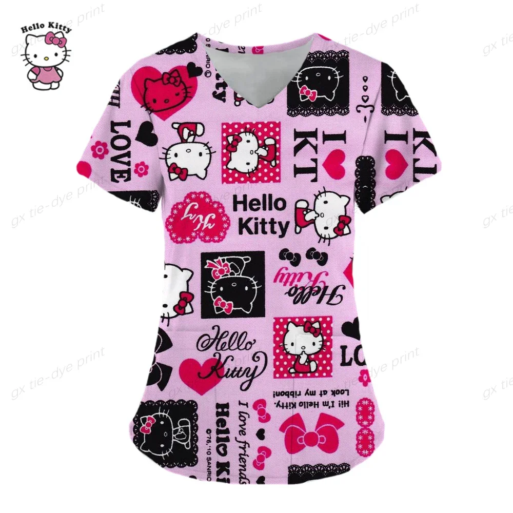 Cartoon Color Blocking Hello Kitty Printed Nurse Scrubs Women Nurse Uniform V-neck Clinic Uniform Hospital Spa pink y2k tops