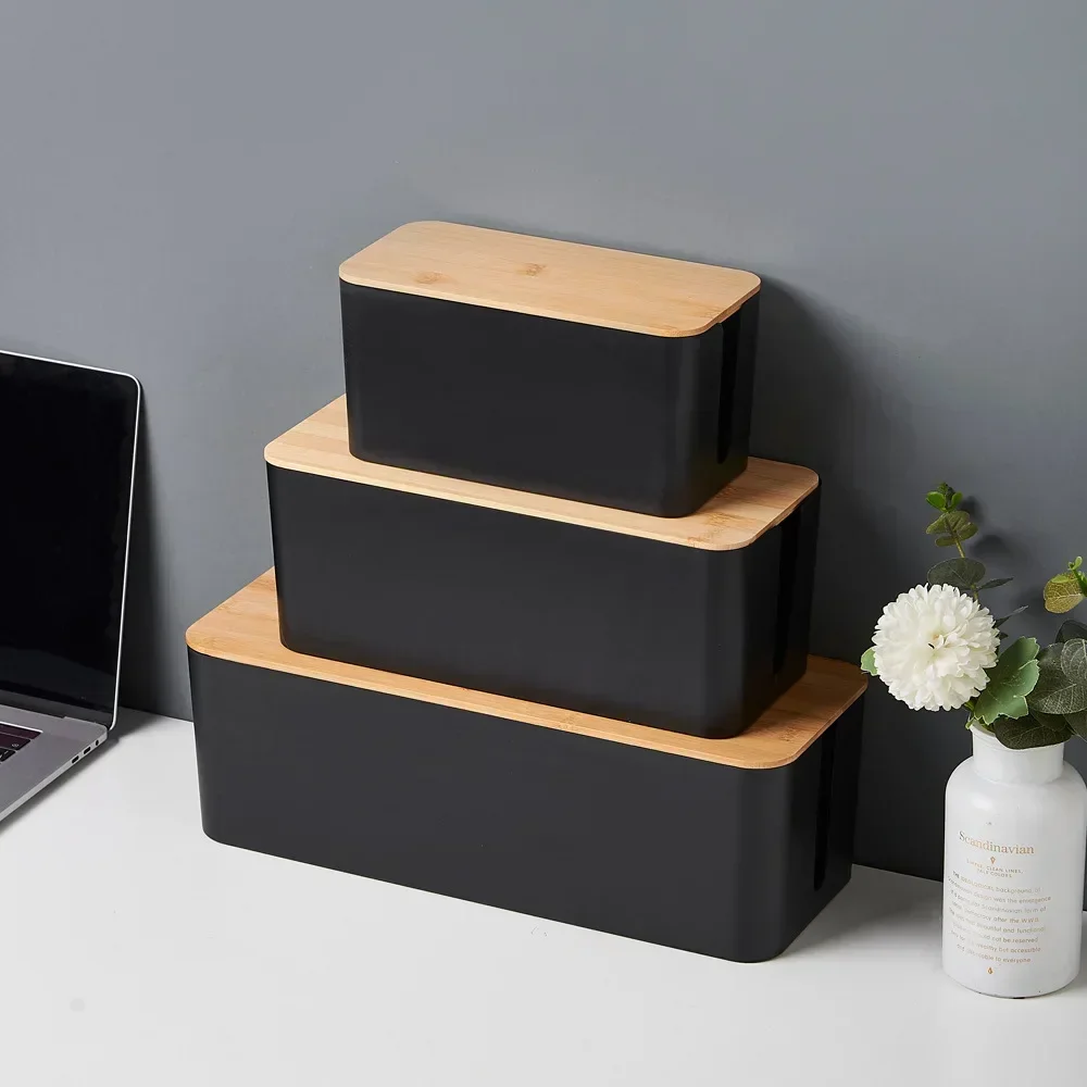 Creative Simple Wire Box Bamboo Wood Cover Cable Management Box Plug Board Storage Box Power Cord Charger Storage Box