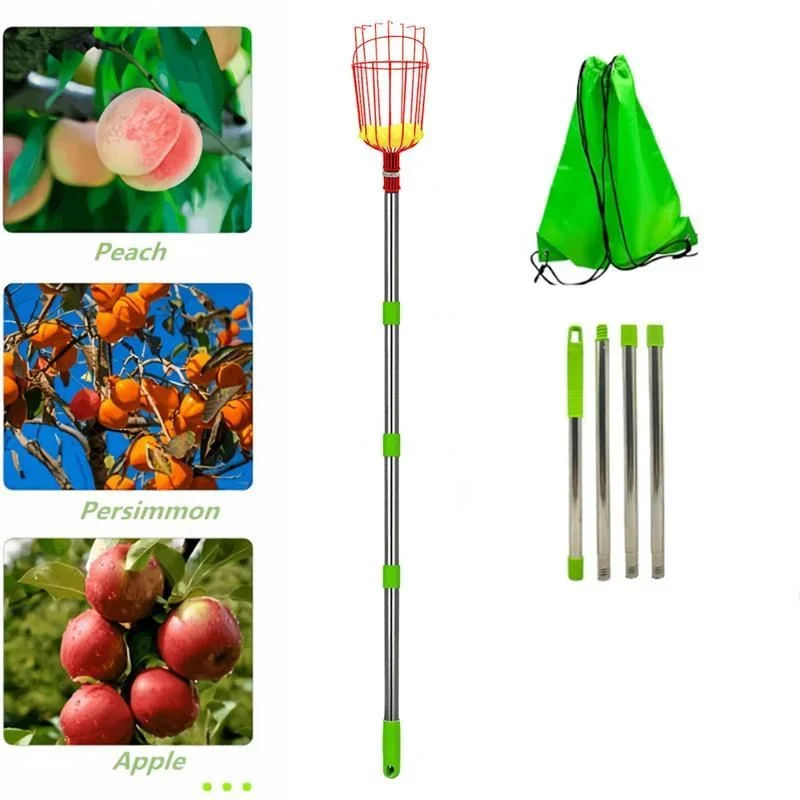 Fruit Picker Tool Portable Removable Telescopic Picking Pole with Basket Metal Rustproof Fruit Aerial Collector