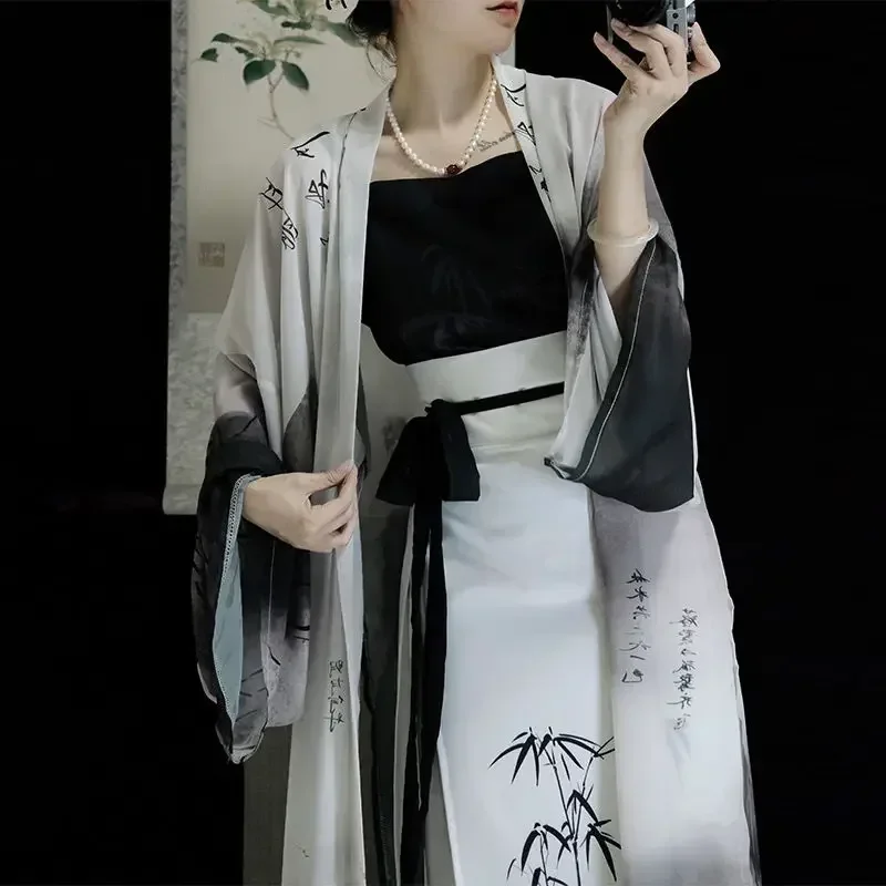 2 Colors Original Song Dynasty Ink Painting Hanfu Dress Women Summer Elegant Casual Suit 3pcs Masquerade Ball Dresses  Kimono