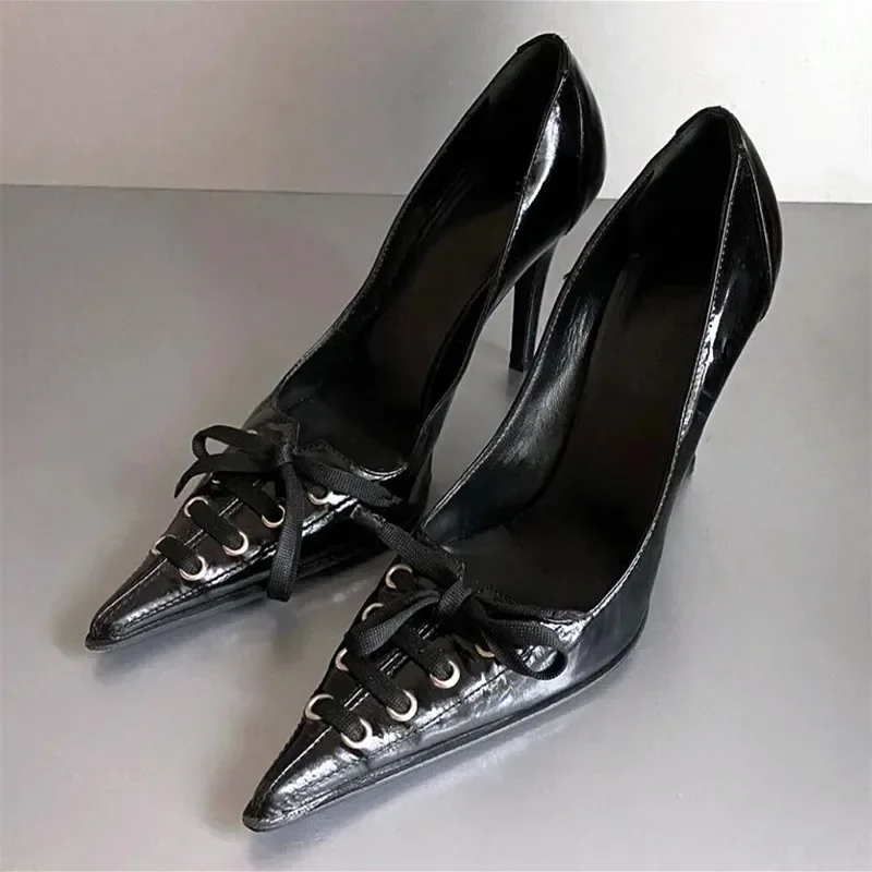 Sexy Pointed Toe Thin High Heel Women Pumps Lace Up Bow Design Black Leather High Heels Punk Style Fashion Elegant Woman Heels