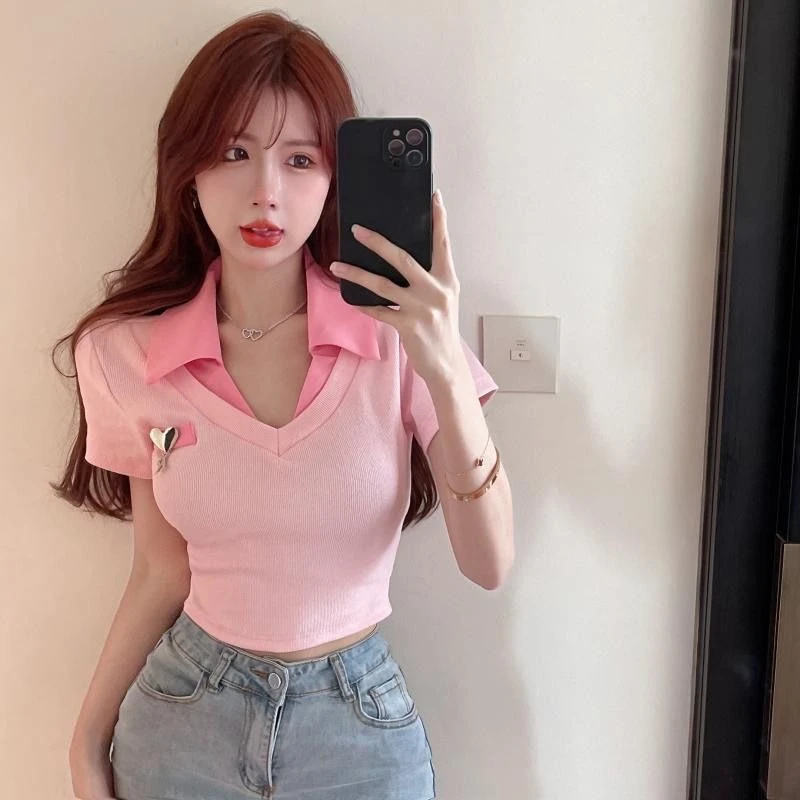 Women's Short Sleeve Shirt Sweet Spicy Style Slim Fit Waist Cinching Top For Summer Party Club Outfits