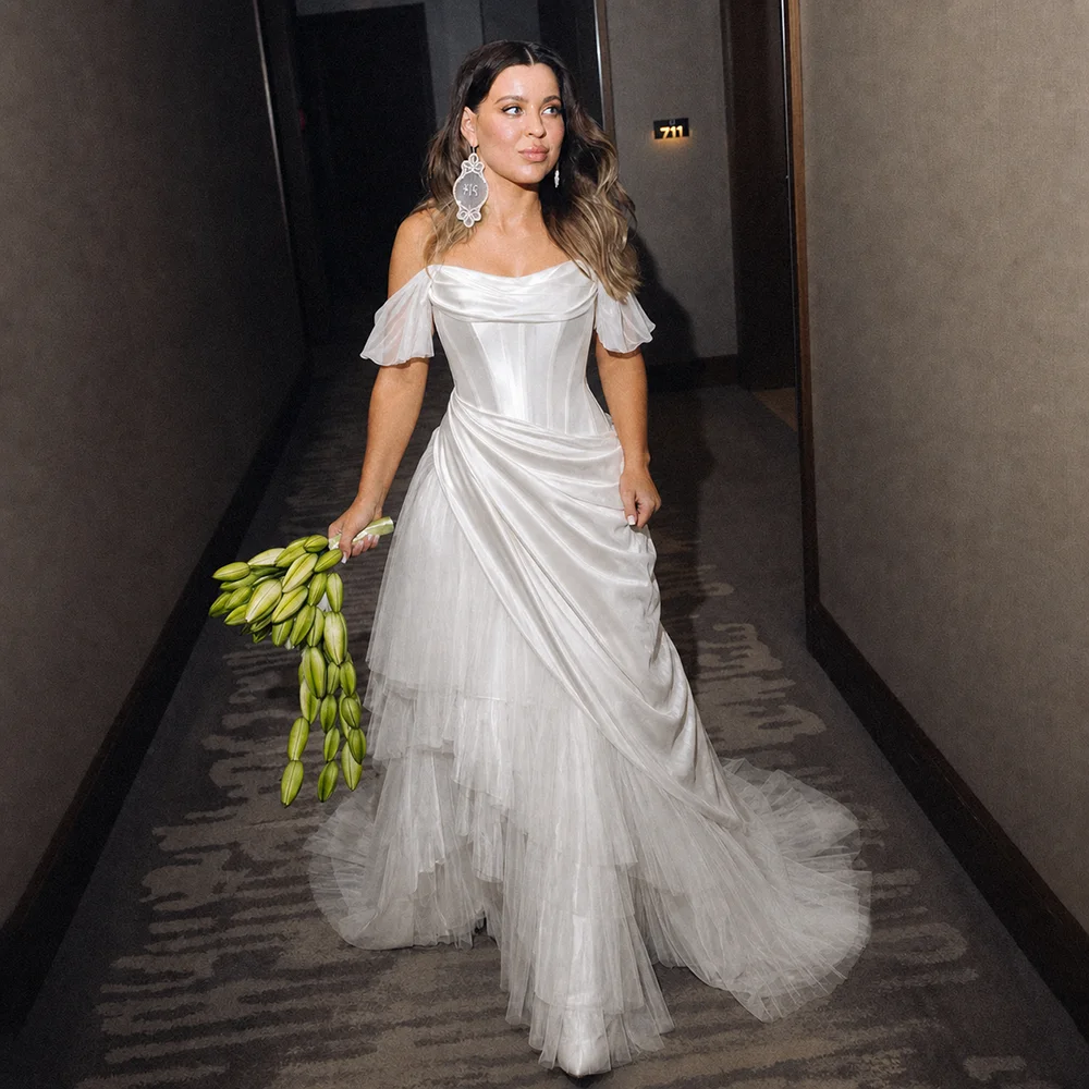 Off Shoulder Elegant Satin Ivory Wedding Gowns A Line Satin Customized Ruched Drape Pleated Tulle Plus Size Boned Bridal Dress