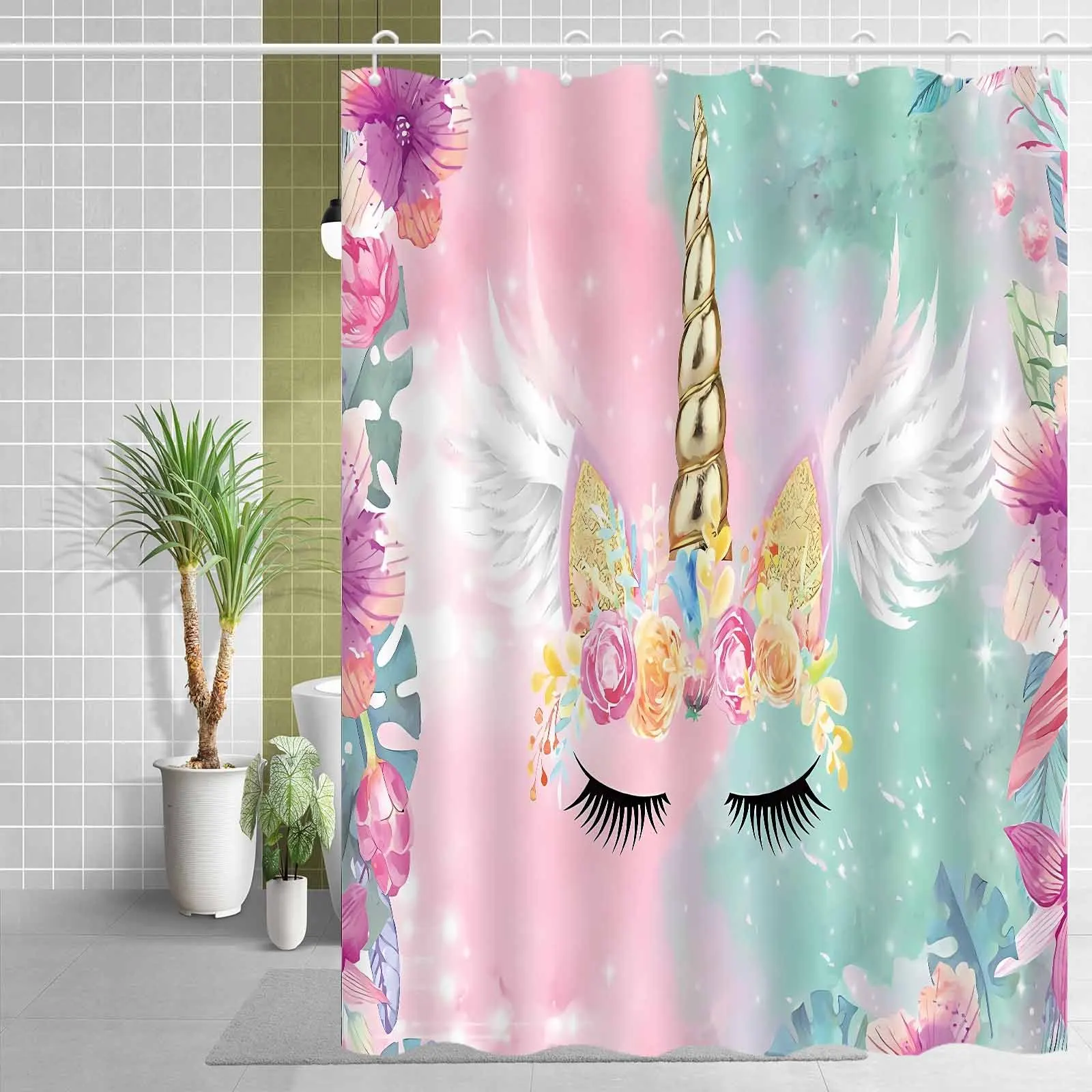 JIT1pcs Cartoon Sweet Unicorn Flower Gradient Background Shower Curtain, High-end Elegant and Anti Fog Bathroom Curtain, Multifu