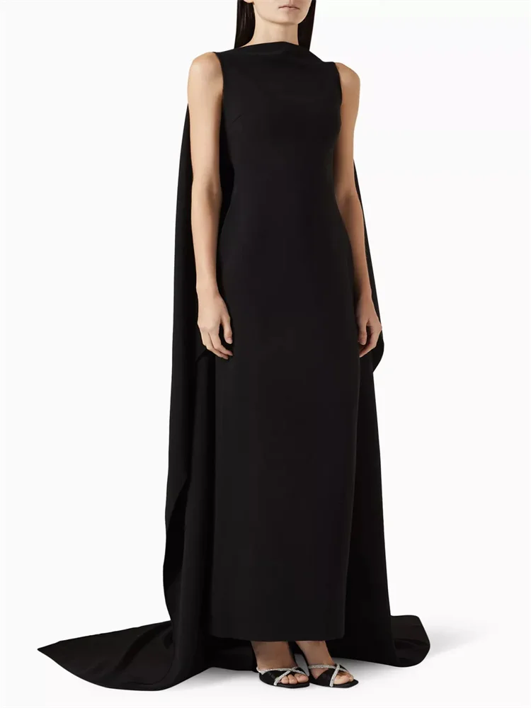 

New Arrival Round Neckline Sleeveless Crepe Evening Dress Elegant Back Zipper With Cape Floor Length Sweep Train Gown For Women