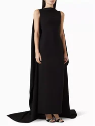 New Arrival Round Neckline Sleeveless Crepe Evening Dress Elegant Back Zipper With Cape Floor Length Sweep Train Gown For Women