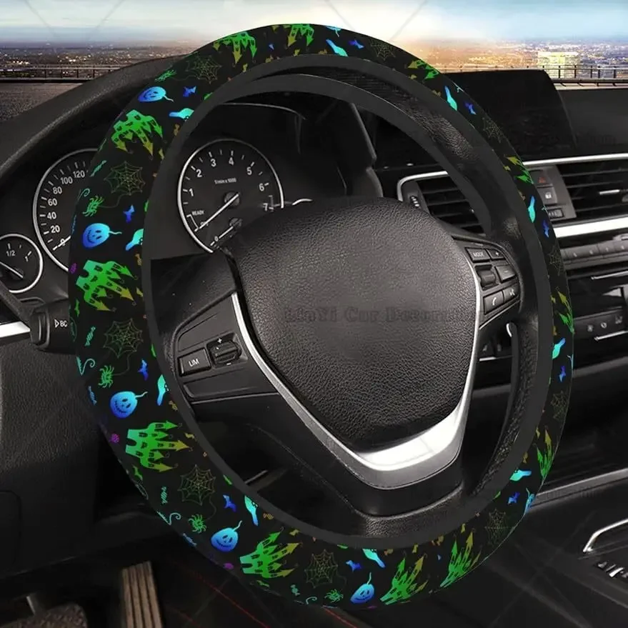 Car Steering Wheel Cover Universal 15 Inch Halloween Neon Pumpkin Bat Spider Steering Wheel Protector for Men Women for Most Car