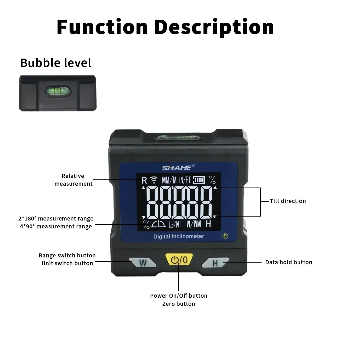 SHAHE Digital Angle Gauge Protractor Inclinometer With Flip Up Display Bubble Level Box Measures 4*90 and 2*180 Degree Ranges