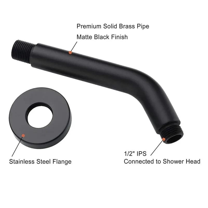 6 Inch Shower Arm and Flange Solid Brass Wall Mounted Shower Arm Replacement for Fixed Shower Head Matte Black Basin Sink Faucet