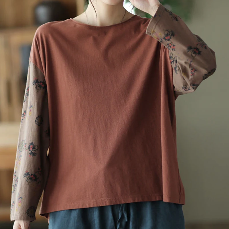 Camiseta de manga larga con cuello redondo para mujer, jerséis casuales elegantes, Tops de algodón puro con estampado de calle alta, primavera y otoño, nueva moda