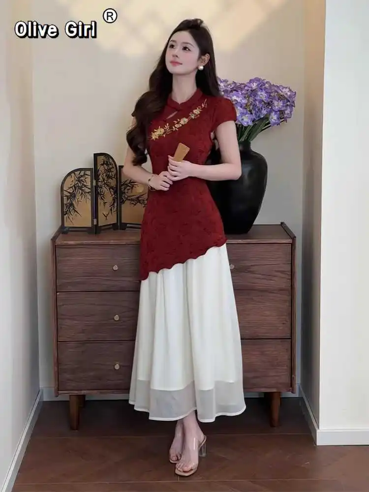 2025 Summer Dress Traditional Chinese Clothing Qipao Embroidery Splicing Fake Two Piece Qipao Dress Elegant Cheongsams