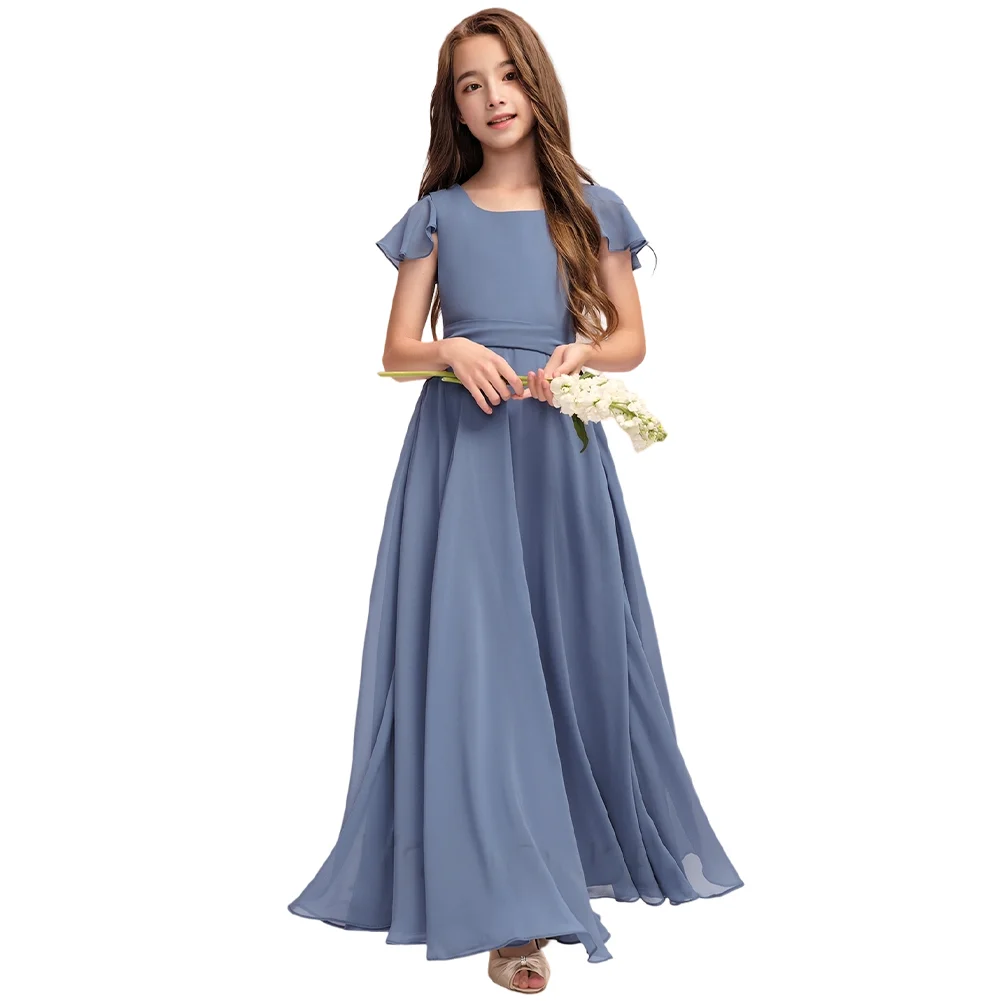 Gaun Pengiring Pengantin Junior Sifon Leher Persegi A Line Biru Panjang Lantai dengan Pita Selempang Ideal untuk Gaun Gadis Bunga Pesta Pernikahan Gow