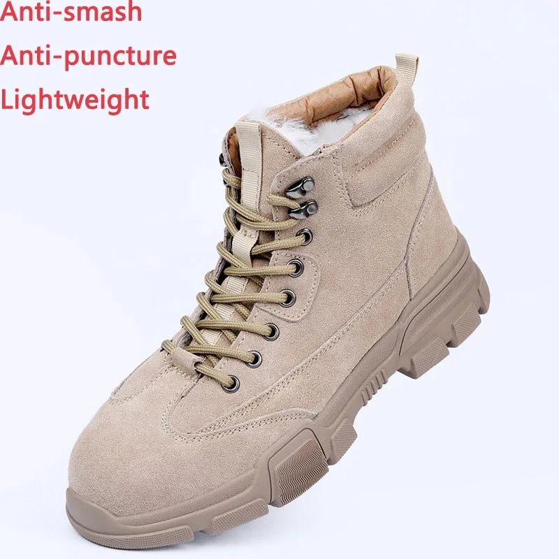 2022 Men's Winter Safety Shoes Boots With Fur Genuine Leather Shoes High Quality Outdoor Work Plus Size Zapatos De Seguridad