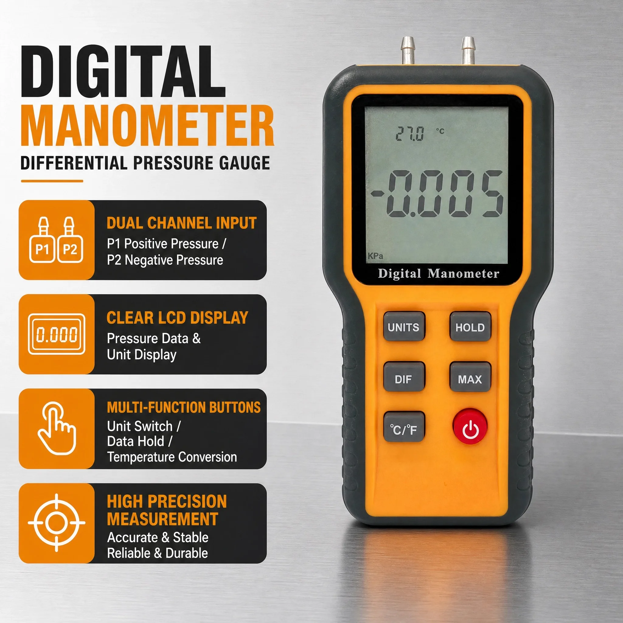 Manômetro Digital QX-1201 ±20.68kPa de Alta Precisão para Pressão de Ar, Medidor de Pressão com Múltiplas Unidades (PSI, Bar), Função de Retenção de Dados para Pressão de Gás