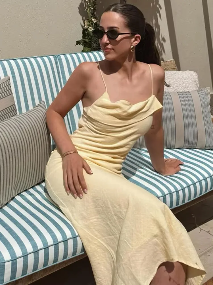 HH 2025 الصيف المرأة مثير بلا أكمام فستان بدون ظهر موضة امرأة الظهر الفرقة غير المتكافئة الديكور سليم فستان بكتافة