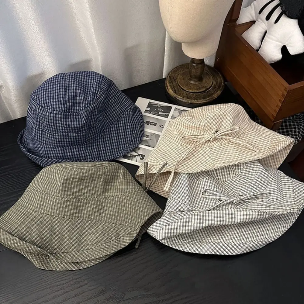 

Ins Summer Plaid Bucket Cap Curled Quick-dry Plaid Sun Hat Foldable Bow Fisherman Caps for Women