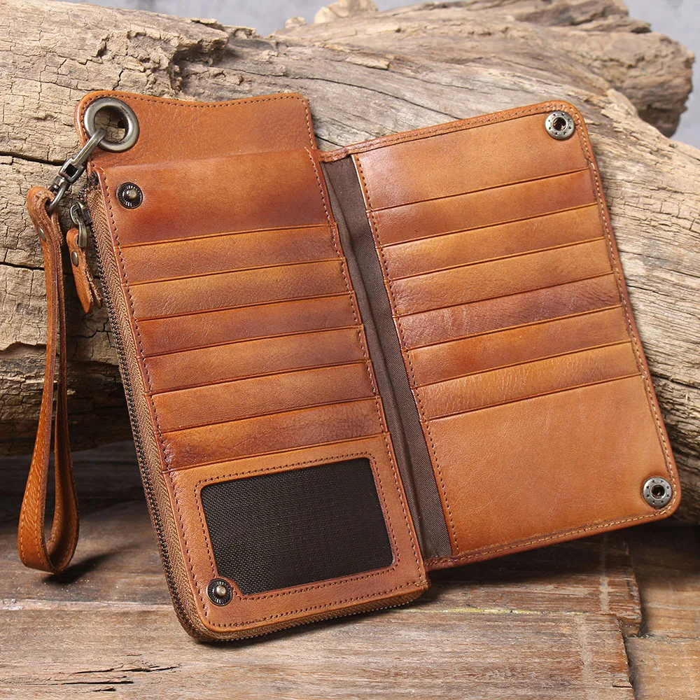 S.WORKER Echtes Vollnarbiges Rindsleder Langes Portemonnaie für Herren, Clutch mit mehreren Kartenfächern, Casual-Geldbörse mit Handgelenkschlaufe – Detail 7