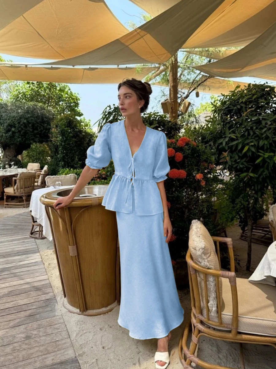 Blubelle 2025 Summer Women's 100% Cotton V-Neck Lace-Up Bubble Sleeve Shirt  Long Skirt Set Loose Casual Two-Piece Suit - Image 6