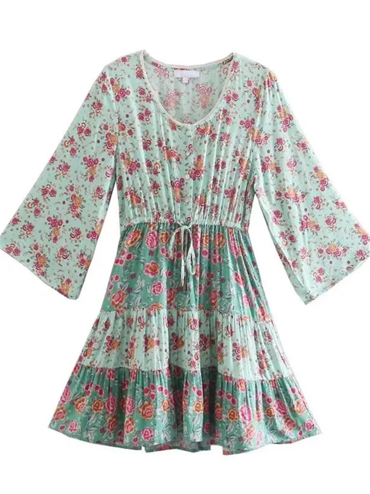 

Women Dress V Neck three quarter sleeves Symmetrical Floral Print Chiffon Bow Tie On Waist And Cotton Blend Summer Dresses