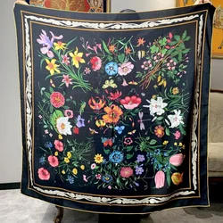 High-end Elegant Women's Exquisite Flowers Garden Double-sided Print Quality Silk Wool Hand-rolled Edge Large Square Scarf Shawl