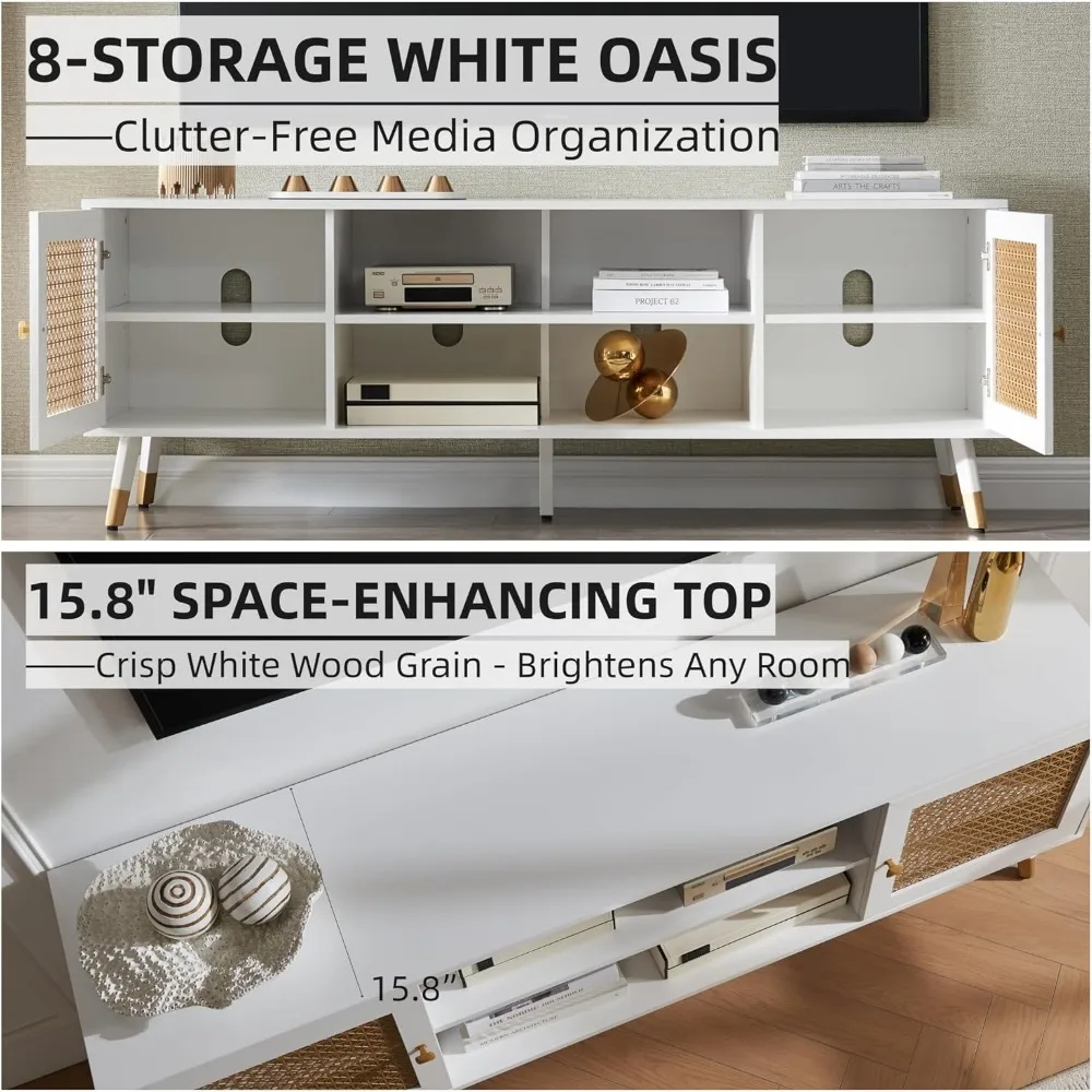 حامل تلفزيون أبيض حديث لغرفة المعيشة - مركز ترفيهي مع مساحة تخزين، وحدة تحكم وسائط على طراز بوهو مخدد #4