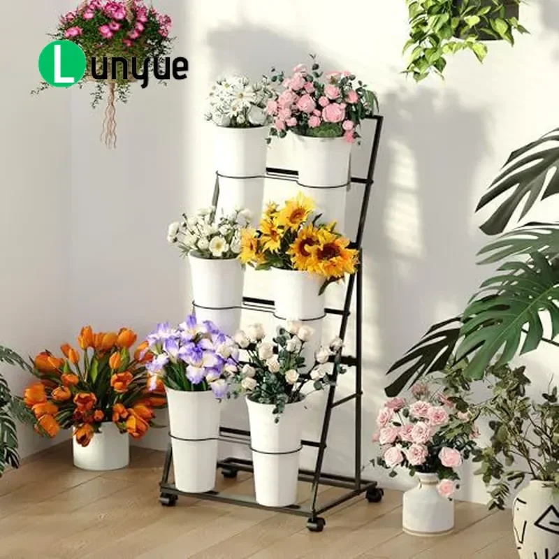 3 Tier Wrought Iron Flower Stand Mobile Wheeled Plant Pot Shelf 6 Pots Indoor Outdoor Wedding Floor Display Rack Sturdy Metal