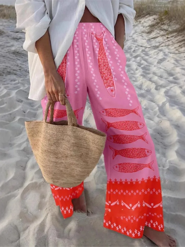 ใหม่สบายๆกางเกงหลวมกีฬากางเกงขากว้างLadyฤดูใบไม้ผลิฤดูร้อนแฟชั่นBeach Partyพิมพ์กางเกง 2025 เสื้อผ้าสตรี