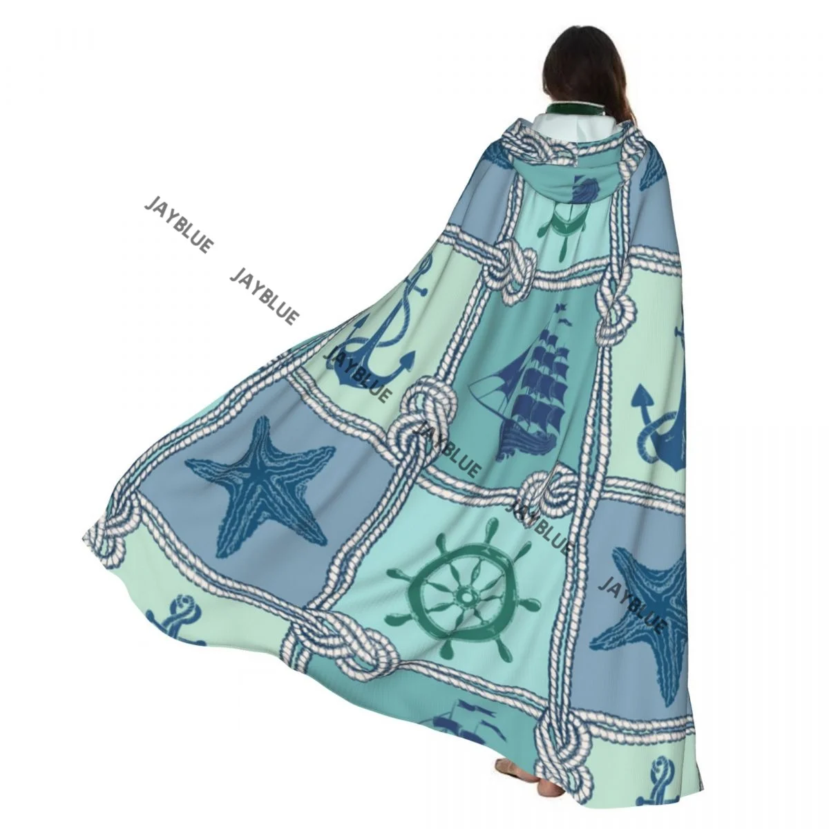

Nautical Patchwork Pattern Rope Starfish Sailing Ship Anchor And Helm Hooded Cloak Polyester Unisex Witch Cape Costume Accessory