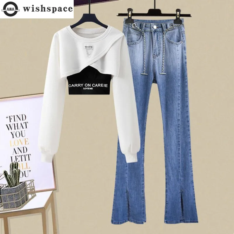 

Chain Decoration Korean Style Personalized Splicing Long-sleeved T-shirt Wide Leg Jeans Two-piece Elegant Women's Pants Set