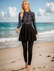 2pcs Muslim Burkini Set for Women Grey Leaf Print Long Sleeve Swimsuit Fashion Slimming Modest Arabic Beachwear Swimwear