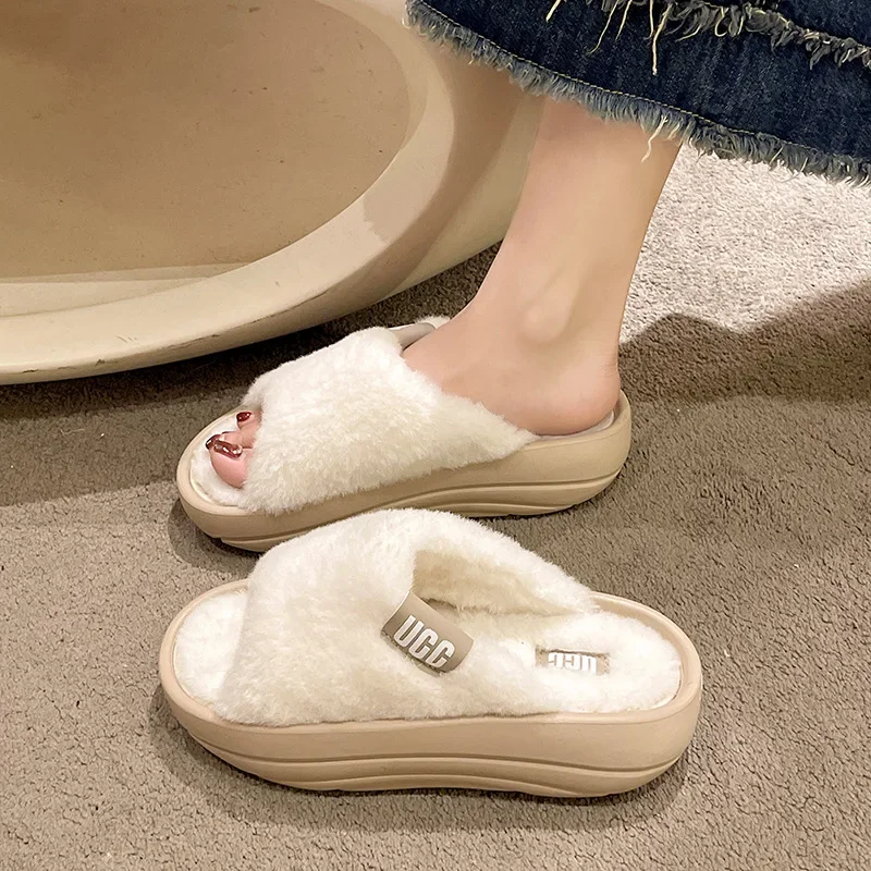 Autumn Winter Fur Slippers for Women New Designer Korean Warm Cotton Shoes Female Fashion Casual Solid Color Luxury Shoes Ladies