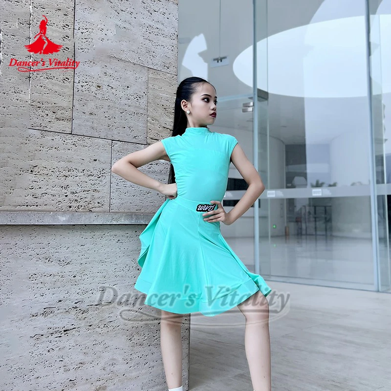 

Child High-necked Short Sleeve Shoulder Wraped Latin Training Jumpsuit+Skirt Two-piece Suit Teenager Dancer's Vitality Clothing
