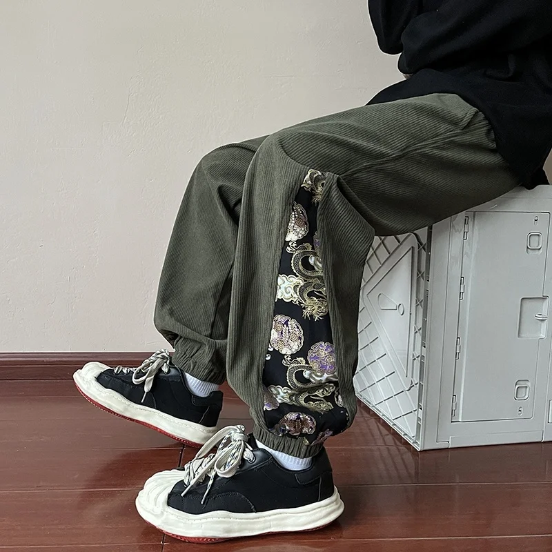

Corduroy Men's Loose Printed Pants Spring Autumn Wind Patchwork Casual Sweatpants Loose Harlan Trousers Faionable Youth Sle