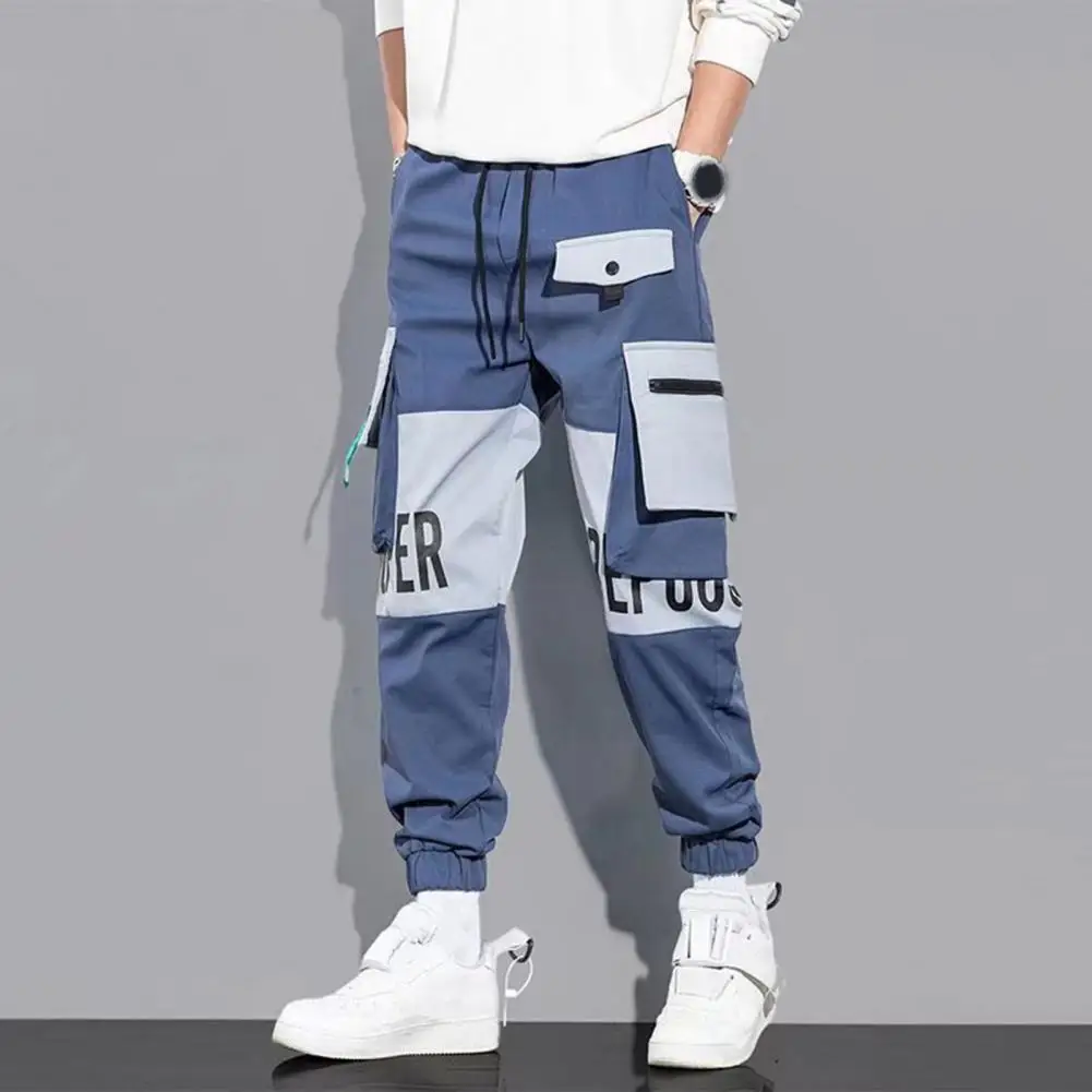 Men's Casual Cargo Pants Elastic Waist Loose Multi-Pocket Letter Print Sports Streetwear Hip Hop Pants